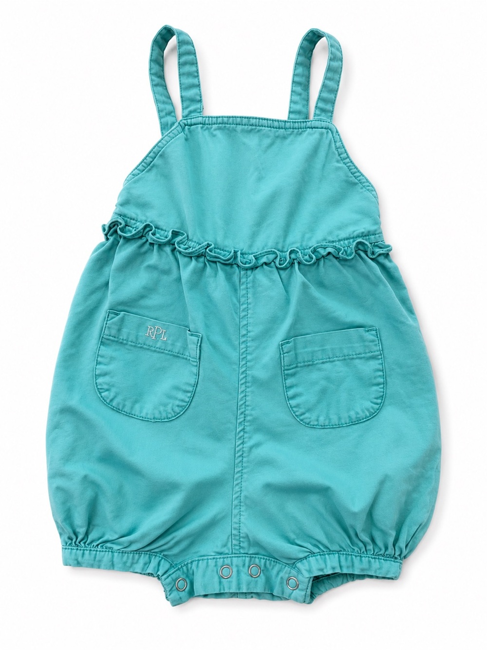 Ralph Lauren Teal Bubble Romper with Pockets and Ruffle